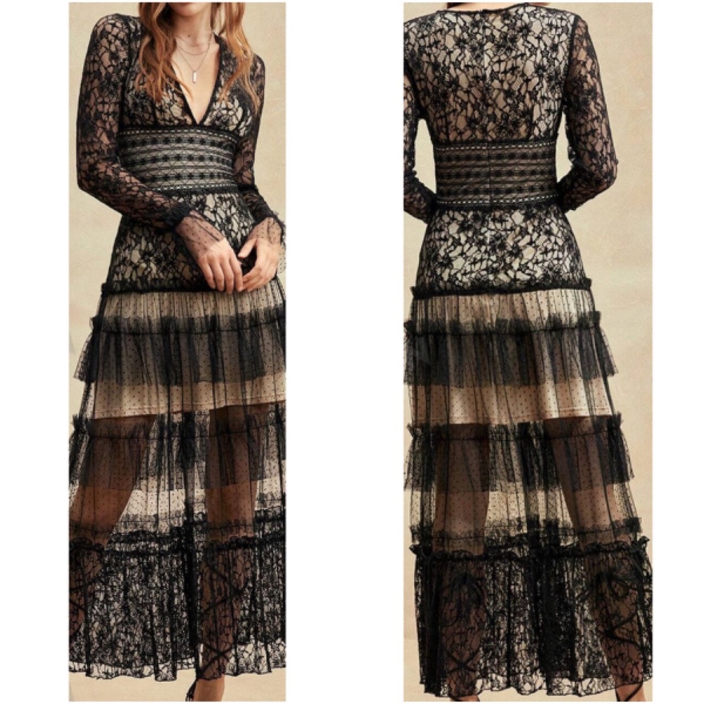 Luxe Black Floral Lace Dot Plunging Neck Party Evening Dress